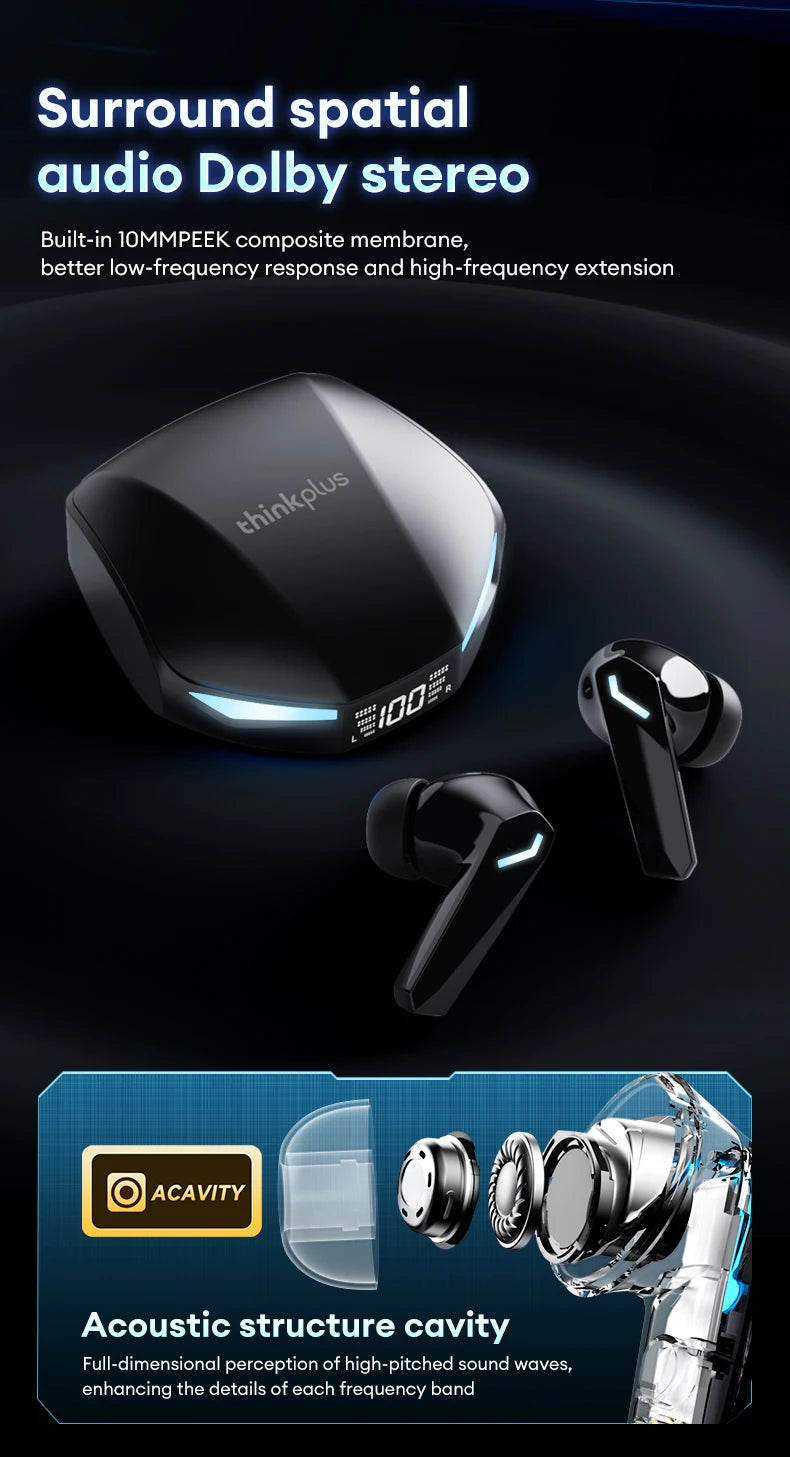 Novo lenovo gm2 pro max sem fio bluetooth 5.4 fones de ouvido led display digital à prova dwaterproof água com cancelamento ruído gaming headset
