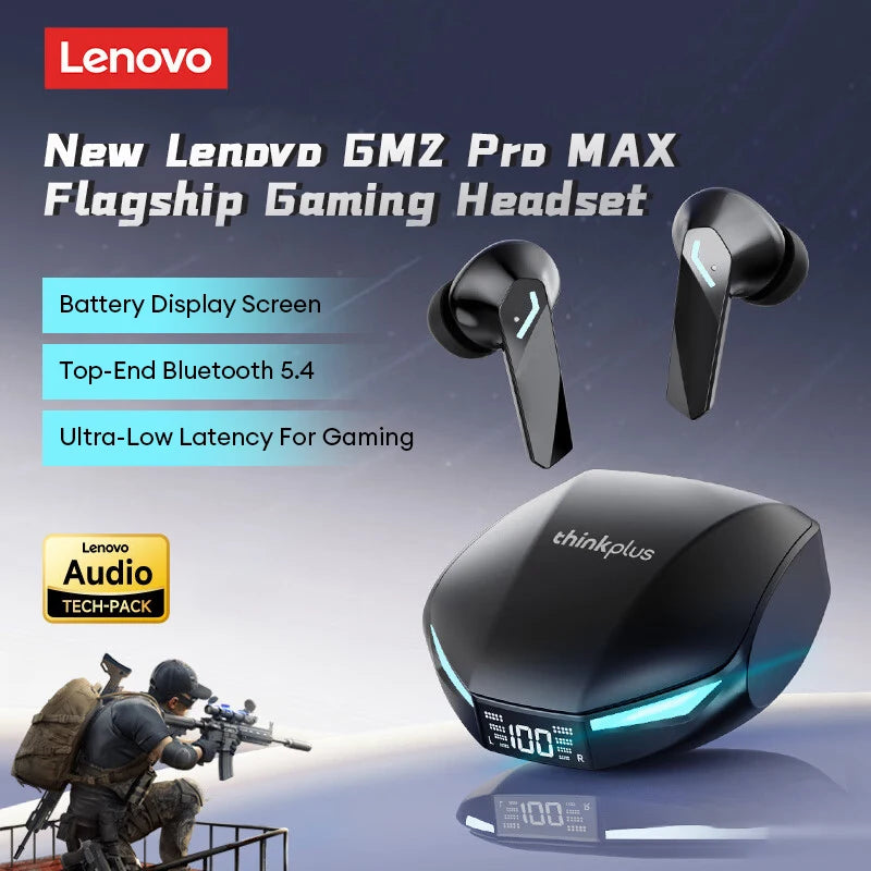 Novo lenovo gm2 pro max sem fio bluetooth 5.4 fones de ouvido led display digital à prova dwaterproof água com cancelamento ruído gaming headset