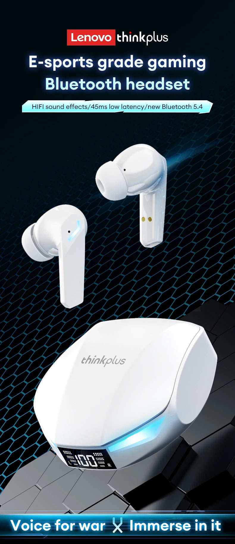 Novo lenovo gm2 pro max sem fio bluetooth 5.4 fones de ouvido led display digital à prova dwaterproof água com cancelamento ruído gaming headset